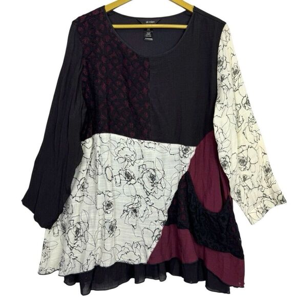 Y2K Tunic Top 1X Fairy Grunge Patchwork Black Red Lace Floral Whimsigoth Witchy - Picture 1 of 7
